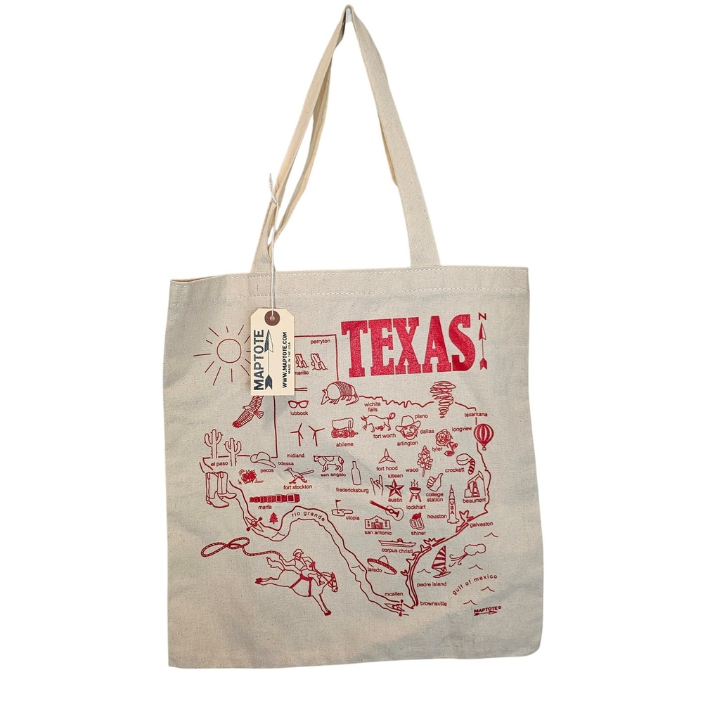 Texas MapTote Canvas Travel‎ Map Road Trip Cream Red Grocery Tote 15" X 14"